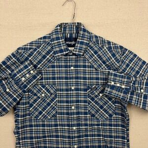 Wrangler Brushpopper Mens M/M Long Sleeve Plaid Snap Button Western Shirt Blue